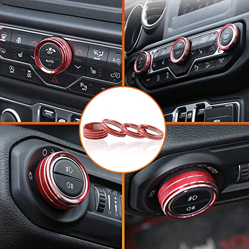 Chemini 4Pcs Jeep Wrangler Accessories Red Air Conditioner Headlight Switch Knob Cover Trim Compatible With 2018-2022 Jeep Wrangler Jl Jlu Gladiator Jt Accessories Aluminum Alloy Ring #TOP2