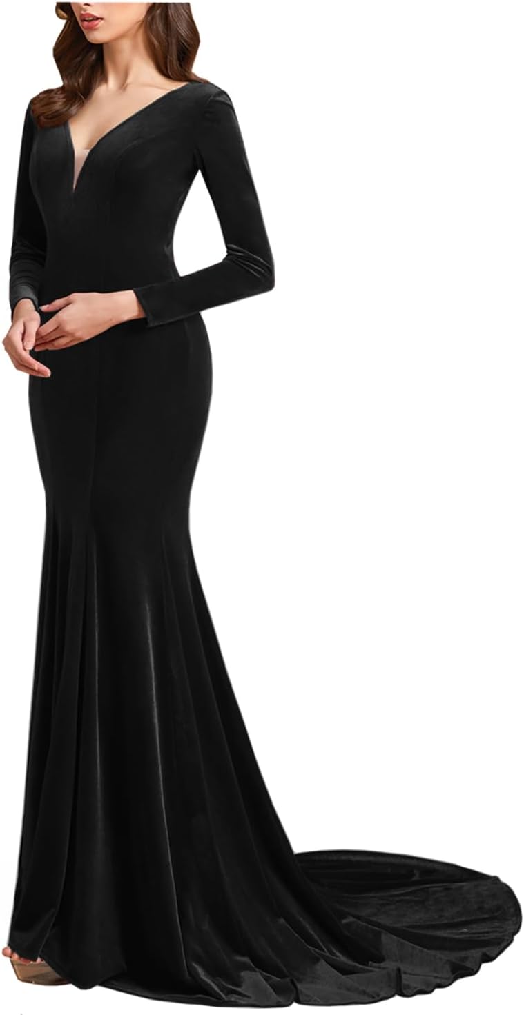 Velvet Formal Dresses for Women Long Sleeve Prom Dresses Floor Length V Neck Mermaid Evening Gowns with Train
