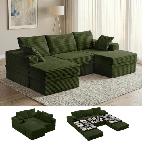 NABUMI 107" Modular Sectional Sofa with Storage, 5-Seater High Density Foam Boneless Couch with Ottoman, 27" Deep Corduroy Oversized Cloud Couch for Living Room, Tool-Free Assembly, Olive Green
