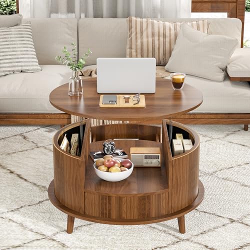 31.5" Round Lift Top Fluted Coffee Table with Drawer Open Sh