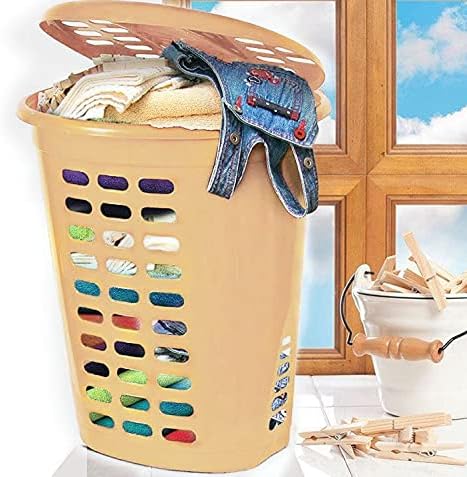 A406 Large Plastic Laundry Basket Clothes Hamper Linen Storage Lidded Bin Box Laundry Supplies Holder Tidy (Silver)