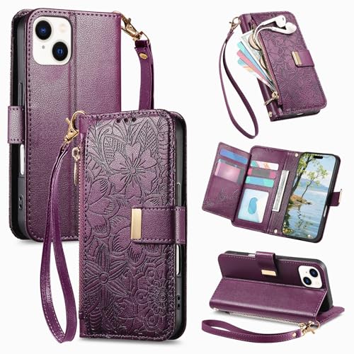 Image of VEEMOS Phone Case for Apple iPhone 13 Case with Zip Wallet Purse Card Holder Slot Embossed Flower Design Folding Flip Cover Leather Stand Lanyard Wrist Strap Women - Purple