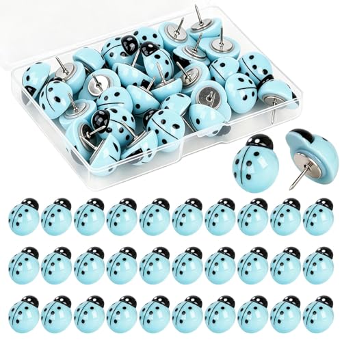 30 Pieces Ladybugs Push Pins Cute Thumb Tack Creative Pushpins Decorative Ladybug Drawing Pins for Photos Wall, Maps, Bulletin Board, Cork Boards, Whiteboard, Office or Home (Blue)