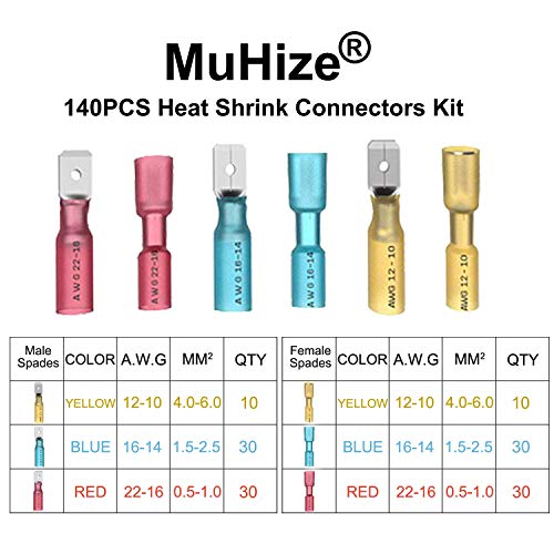 Muhize Heat Shrink Butt Connectors - 140Pcs Upgraded Insulated Waterproof Electrical Crimp Wire Terminal Kit(2023 New), Spade Butt Splices Kit For Automotive, Boat, Truck, Stereo(3Colors/6Sizes) #TOP1