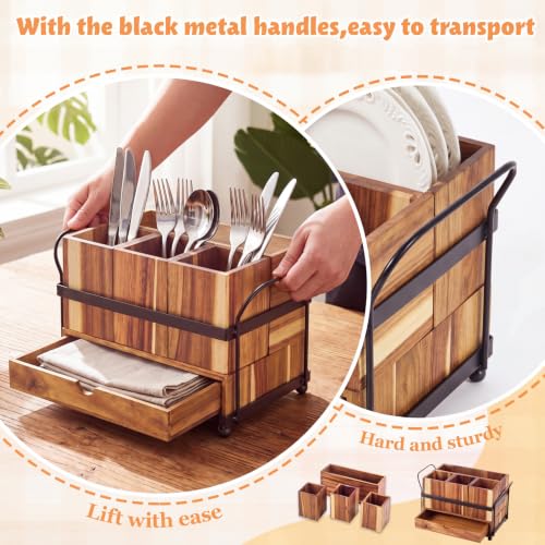Qunclay Acacia Wood Silverware Caddy with Drawer, 4 Compartments by Qunclay - Used condition - Image 3