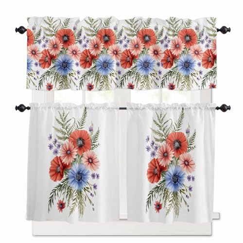 Flower Kitchen Curtains 24 Inch Length,3 Piece Rod Pocket Small Half Tiers and Valance Set,Patriotic Red Blue Pink Poppy Flowers Watercolor Small Large Window Treatment Decor for Bedroom/Bathroom