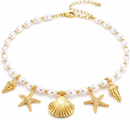 Shell Necklace for Women, Pearl Beaded Starfish Necklace with Gold Seashell Charms, Beach Jewelry, Coastal Summer Vacation Gift