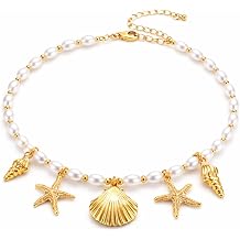 Shell Necklace for Women, Pearl Beaded Starfish Necklace with Gold Seashell Charms, Beach Jewelry, Coastal Summer Vacation Gift