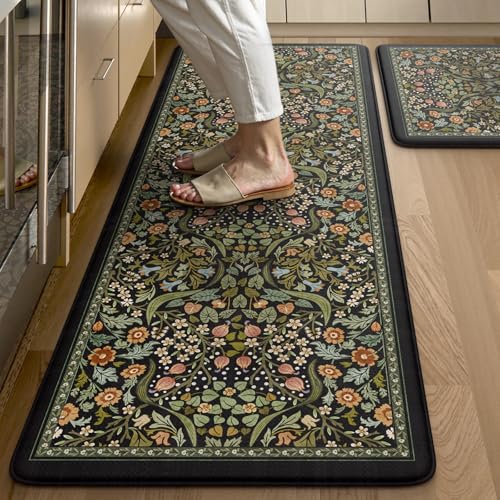 Collive Kitchen Floor Mat Cushioned Anti Fatigue, Boho Floral Desk Mats Non Skid Waterproof Kitchen Sink Rugs Sets of 2, Memory Foam Comfort Standing Carpet for Office, 20" x 47" + 20" x 32", Black
