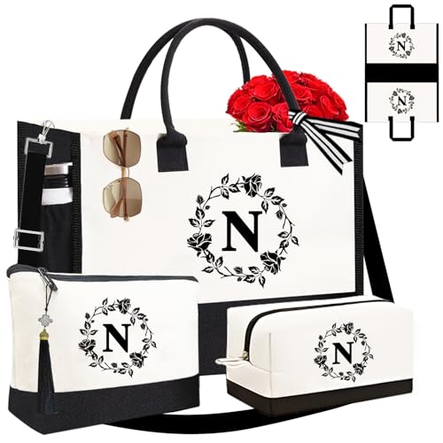 Adoryoung Monogrammed Tote Bags, Makeup Bag with Zipper, Travel Gift, 3PCS Initial Personalized Monogram Tote Bags for Women, Mother Gifts, Birthday Tote Letter Canvas Bag for Women (N)