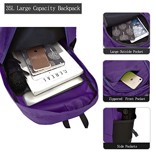 HYCOPROT 35L Packable Backpack Ultra Lightweight Foldable Rucksack Water Resistent Breathable Bag for Men Women Outdoor Camping Walking Hiking Climbing Travel Daypack (Purple-1) - Image 4