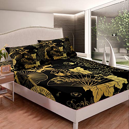 Floral Print Bedding Set Chic Luxury Golden Black Bed Sheet Set for Teens Girls Women Blossom Flowers Design Fan Fitted Sheet Exotic Chinese Style Bed Cover Room Decor 3Pcs King Size