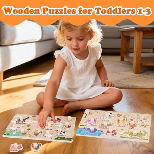 WoodTrove Wooden Peg Puzzles for Toddlers 1-3, 2 Pcs Montessori Puzzles, Zoo & Farm Animal Puzzles, Great Preschool Educational Learning Gifts for Girls and Boys