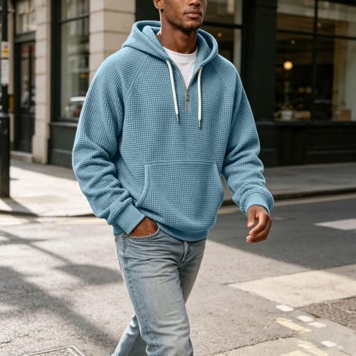 Waffle Knit Hoodie Men Oversized Hooded Sweatshirt 3/4 Zip Pullover - image 3