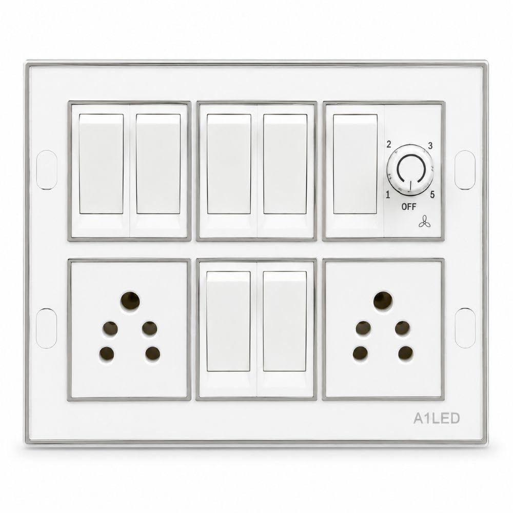 Modern White Electrical Switch Panel with 7 Modules, Multiple Socket and Dimmer Control-image-19