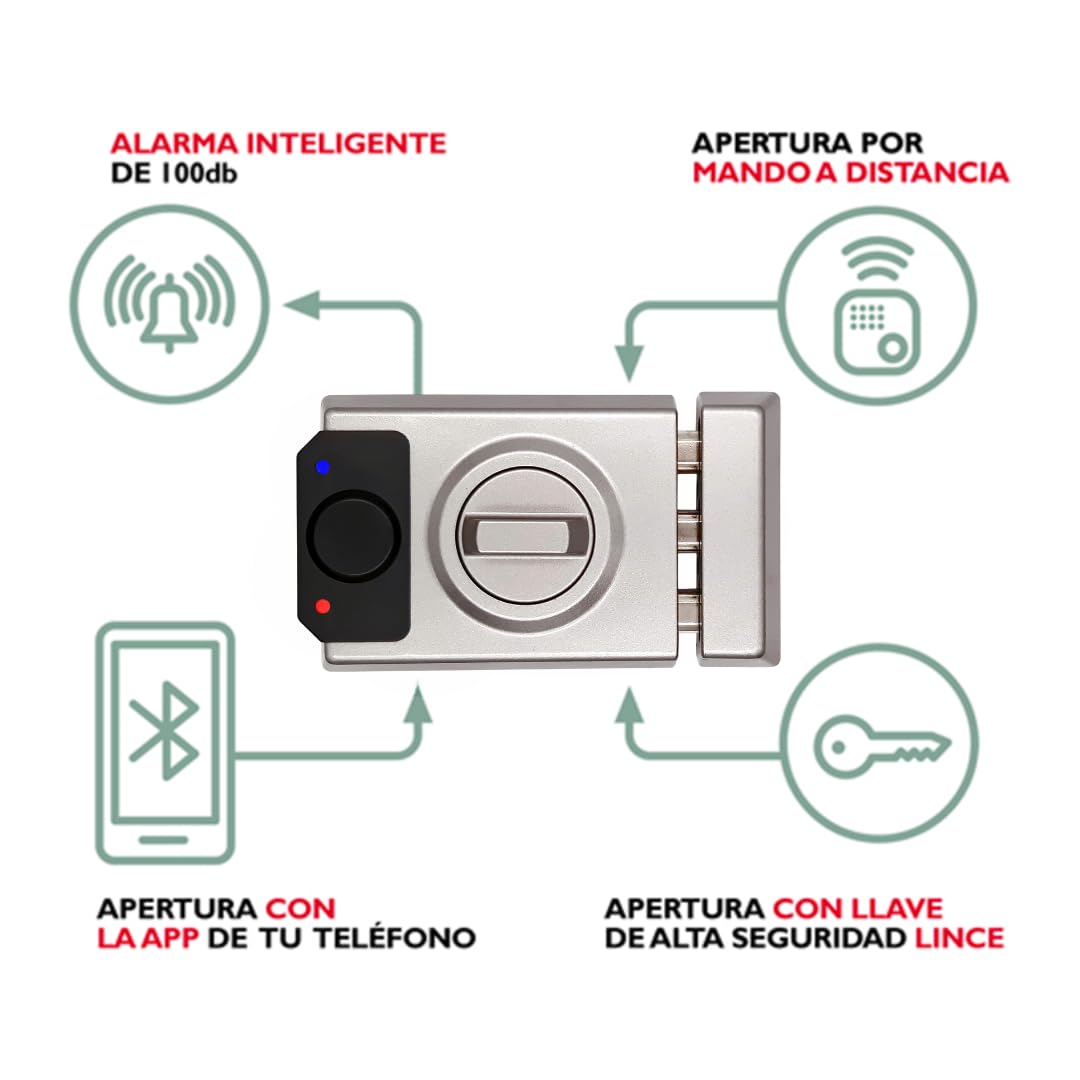 Lince SMARt7930 Cerradura inteligente para puerta – Cerrajo con alarma de 100 dB, control por aplicación, control remoto y llave reversible de alta seguridad – Recargable por USB-C – Color Plata | Aplicación móvil, control remoto, apertura mecánica con ll