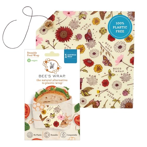 Bee's Wrap Vegan Beeswax Sandwich Wrap - Beeswax Lunch Wrap with Button & Tie - Plastic Free Made in USA Reusable Natural Food Wrap - Meadow Magic