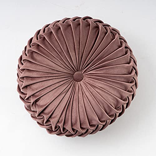 Coussin rond plissé en velours marron, finitions haute couture