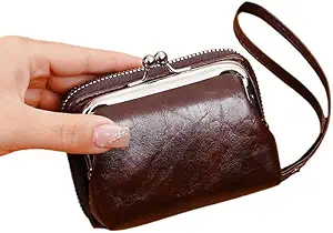 Women's Mini Classic Wallet with Kiss Lock & Zipper Closure, Golden-Tone Hardware, Multi-Compartment Coin Purse & Card Holder（brown）