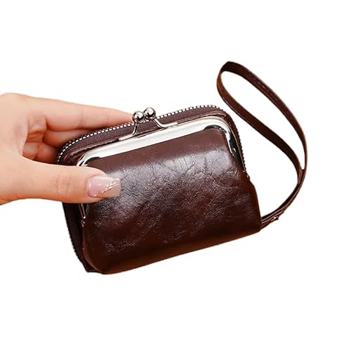 Women's Mini Classic Wallet with Kiss Lock & Zipper Closure, Golden-Tone Hardware, Multi-Compartment Coin Purse & Card Holder（brown）