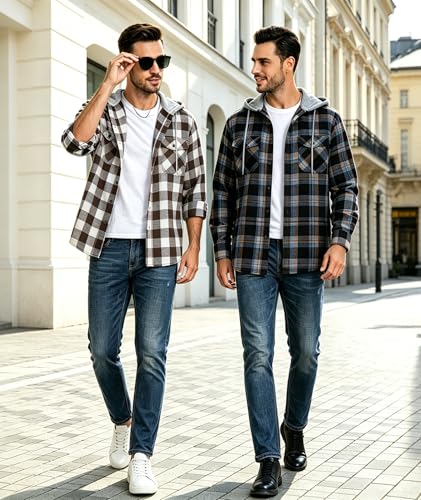 Men's Flannel Hoodie Shirts Long Sleeve Casual Plaid Jacket Cotton Button Down Flannel Shirt Jacket with Pocket — view 3