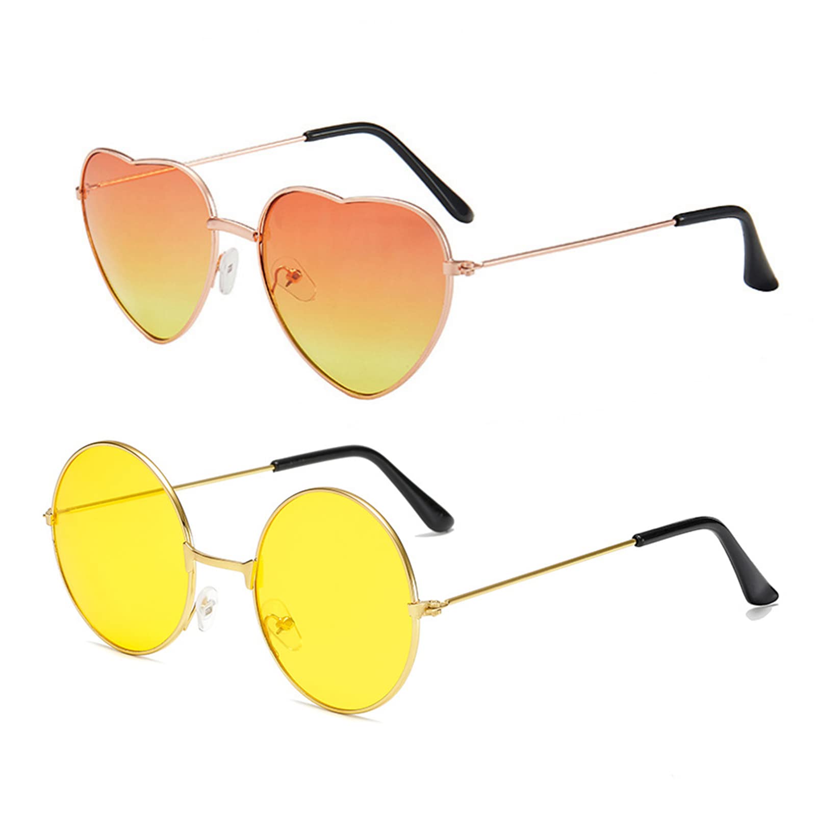 Rowjow 2 works Hipppy Glasses Retro Fancy Dress Sunglasses Heart & Round Sunglasses Cool Orange Coloured Sunglasses 60s 70s Festival Fancy Dress Costume Accessories for Women Men