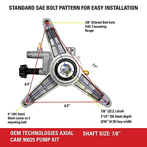 Oem Technologies 90025 Vertical Axial Cam Replacement Pressure Washer Pump Kit, 2400 Psi, 2.0 Gpm, 7/8" Shaft, Includes Hardware And Siphon Tube, For Residential And Industrial Gas Powered Machines #TOP3