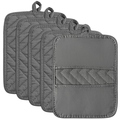 GROBRO7 5Pcs Pot Holders Cotton Heat Resistant Potholder Set with Two Pockets & Hanging Loop Multipurpose Hot Pads Trivet Machine Washable Oven Mitts for Kitchen Cooking and Baking 7 x 9 Inch Grey