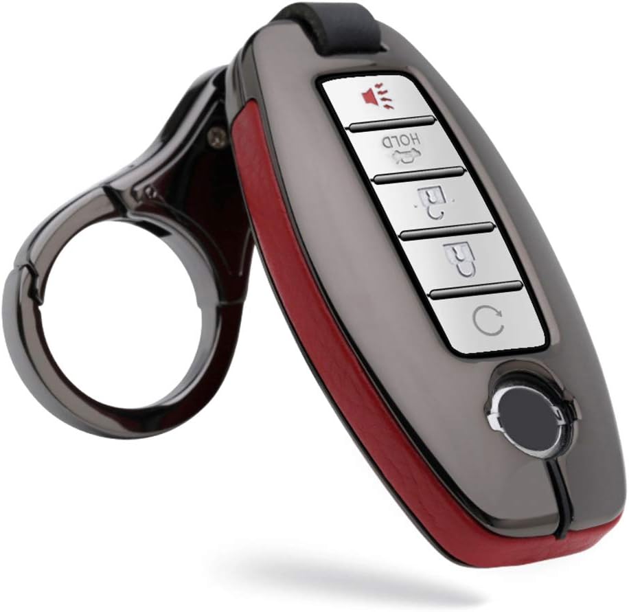ontto Key Fob Case Fit for Nissan Rogue Armada Murano Remote Cover Leather Key Shell Metal Protection Fit for Infiniti JX35 Q50 Q60 QX56 red