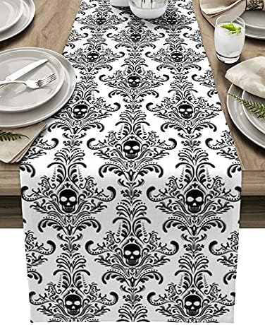 lop Halloween Table Runner Cotton Linen 13x36 Inches Tablerunner Bed Runners Tabletop Dress Scarves for Kitchen Wedding Holiday Scary Skull in Black Damask Pattern
