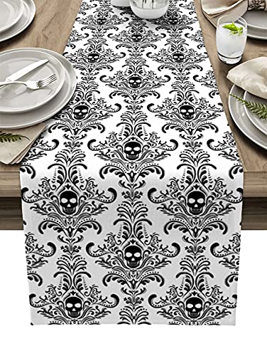 Lop Halloween Table Runner Cotton Linen 13X36 Inches Tablerunner Bed Runners Tabletop Dress Scarves For Kitchen Wedding Holiday Scary Skull In Black Damask Pattern #TOP1