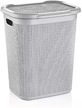 52L,50L,43L & 9L Plastic Slim Lid Bin Laundry Basket Clothes Washing Hamper Organiser Storage Container (50 Litre Knit Design Ice Grey)