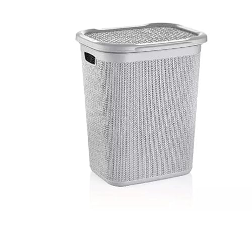 52L,50L,43L & 9L Plastic Slim Lid Bin Laundry Basket Clothes Washing Hamper Organiser Storage Container (50 Litre Knit Design Ice Grey)