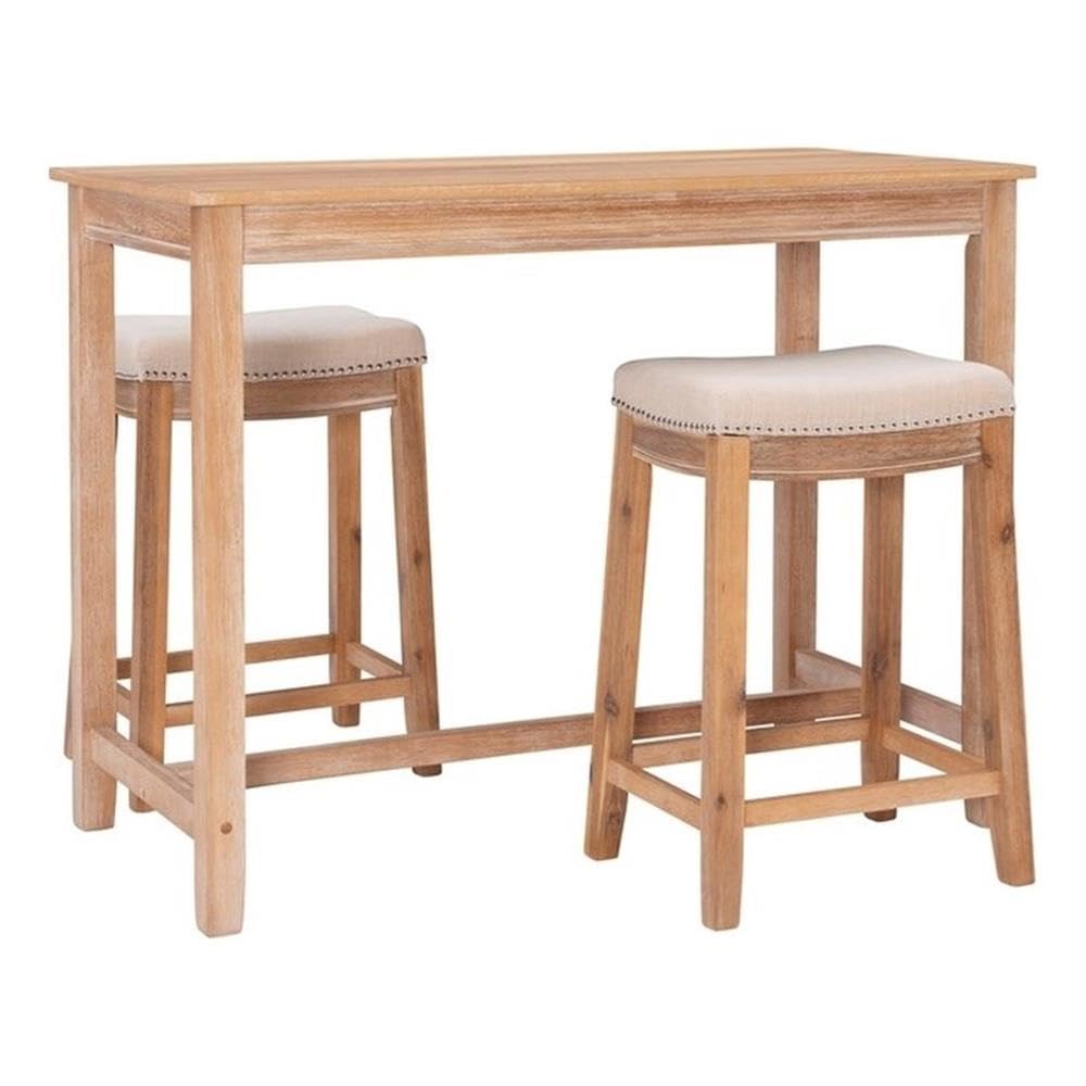 Linon Claridge Three Piece Counter Dining Set Padded Seats in Natural Brown Wood