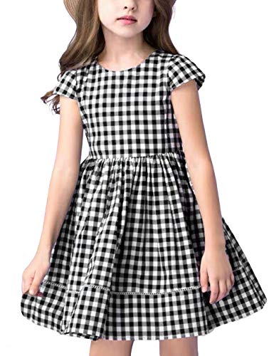 KYMIDY Girls Casual Dress Short Sleeve Buffalo Check Red White Plaid Dresses for Kids 2-8 Years