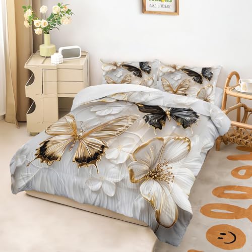 Image of Luxury 3D Butterfly Comforter Set Queen Size for Teen Boys Girls,Black and Goldern Butterfly Bedding Set,White Floral Print Quilt Set for Adults Women Bedroom Decor