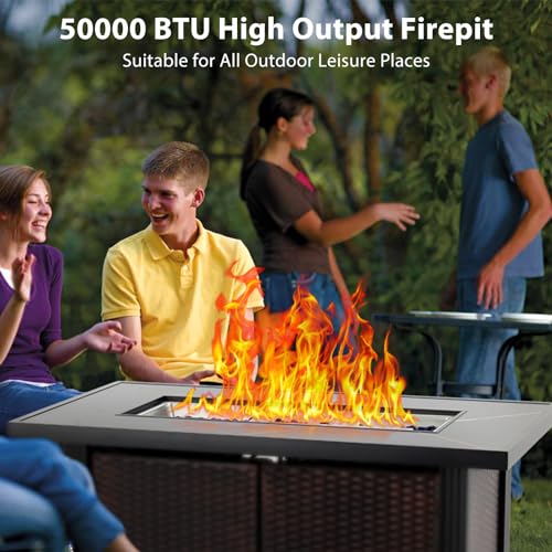 Propane Fire Pit Table 44 inch Gas Fire Pit Table 50000 BTU, 2 in 1 Gas Firepit with Slate Tabletop, Steel Base, Glass Fire Stones, Waterproof Cover & Separate Storage Space, CSA Certification