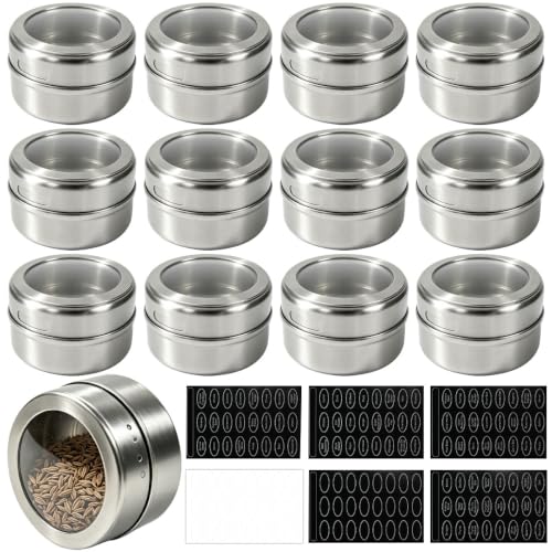 Dtenlur 12 Pots à Épices Magnétiques en Inox avec 6 Feuilles d'Étiquettes