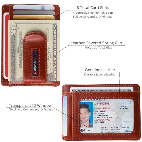Image of Alpine Swiss RFID Dermot Money Clip Front Pocket Wallet For Men Leather Hampton Collection Glossy Nappa Tan