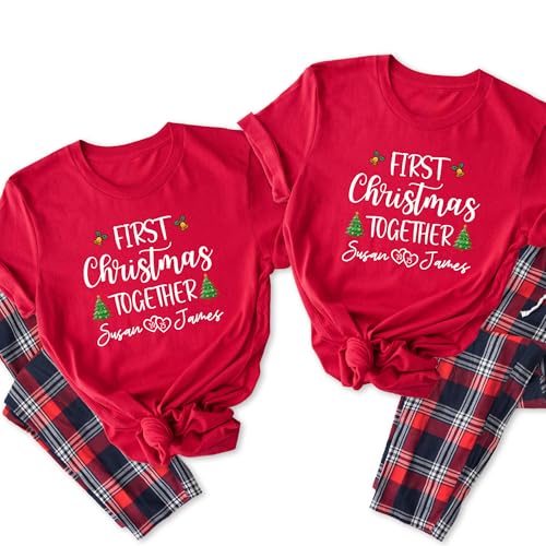 Personalized Handmade Our First Christmas 2025 Couple Shirts, Matching Newlywed Christmas Tees, Custom Holiday Gift for Couples