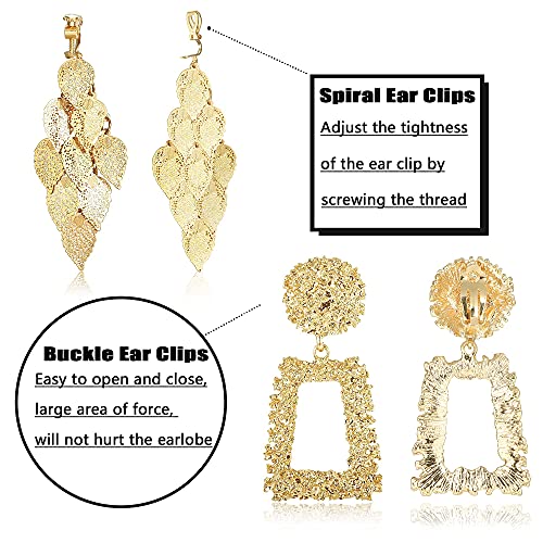 Magitaco 9 Pairs Clip On Drop Earrings For Women Flower Leaf Round Trapezoid Square Rectangle Golden Metal Geometric Clipon Earrings-Non Pierced Fake Earrings Dangle Earrings #TOP1