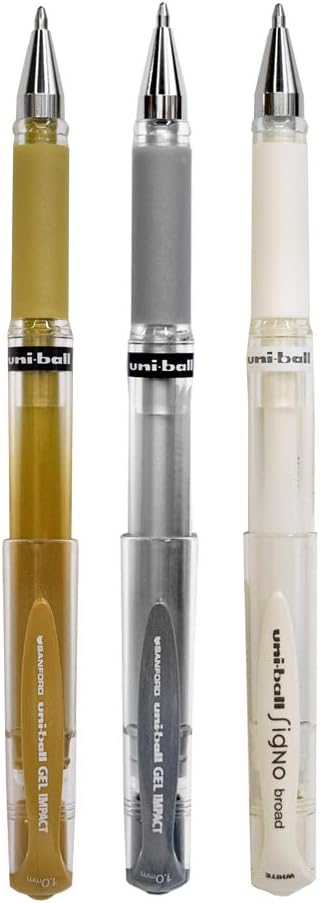 Set of 3 Uni-Ball Gel Impact Pen, 1.0 mm, Metallic Silver, Metallic Gold, and White