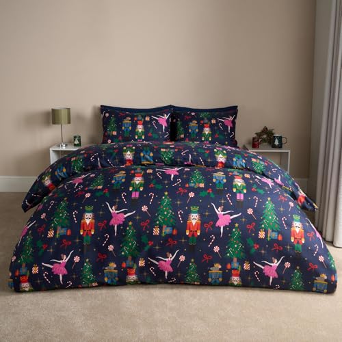 OHS Christmas Bedding, Xmas Festive Nutcracker Quilt King Size Duvet Cover Sets Super Soft Cosy Warm Xmas Bedding Comfy Reversible Christmas Duvet Cover King Size with Pillowcases, Navy