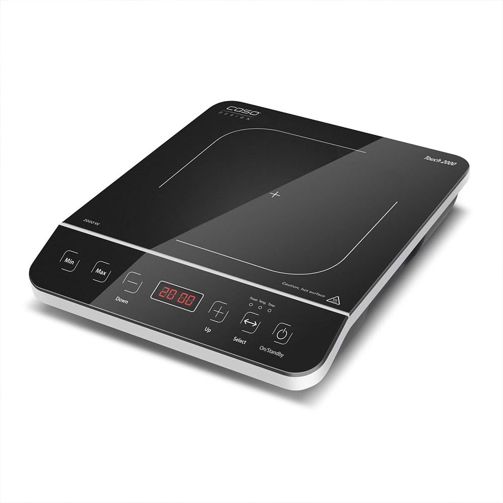 Caso Touch 2000 – Individual induction hob, 2000 W, automatic detection of pots, 10 temperature levels, 10 power levels, timer up to 180 min, glass ceramic surface