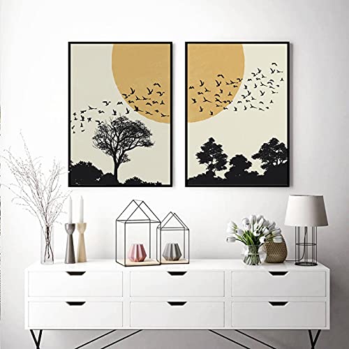 Affiche de montagne du soleil et oiseaux pour illuminer un salon scandinave