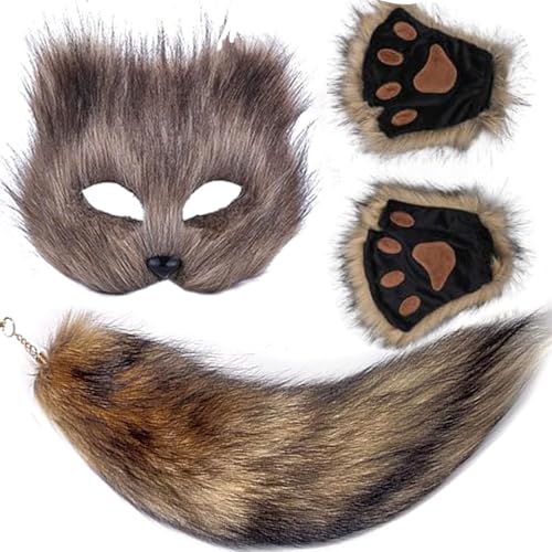 Valpeak Therian Mask and Tail Set for Girls - Halloween Cat, Fox, Wolf - Brown 3-Piece Set