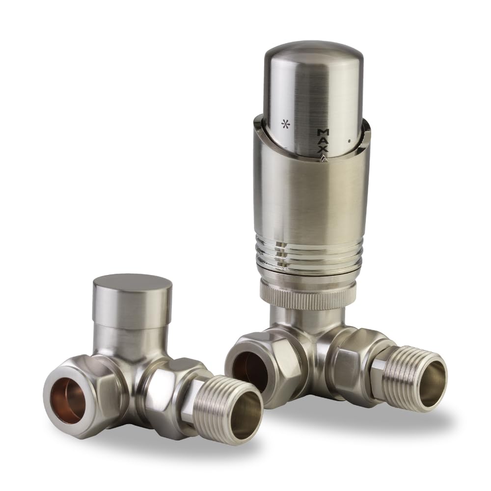 LavaTherm Thermostatic Radiator Valve TRV – 15 mm Corner – Energy Saving Central Heating Radiator Valve – Premium Brass Replacement TRV and Lockshield – Brushed Nickel