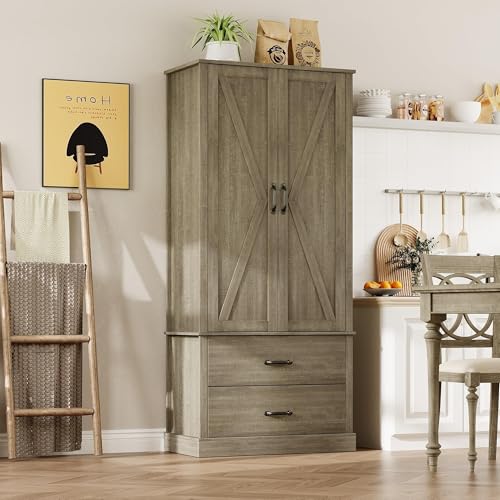 IDEALHOUSE Kitchen Pantry Storage Cabinet with Barn Doors, Drawer, and