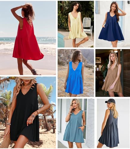 Image of Womens Babydoll Dress Summer Sleeveless Mini Dress Casual Loose V Neck Swing Flowy Beach Sundresses with Pockets