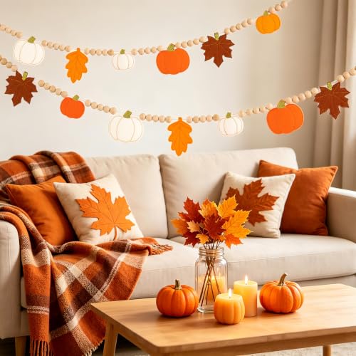 Image of Fall Decorations for Home Felt Pumpkin Garland and Wood Bead Felt Pumpkins Hanging Garland Maple Leaf Banner for Thanksgving Decorations Indoor Fall Harvest Festival Halloween Wall Decor (8.2ft)